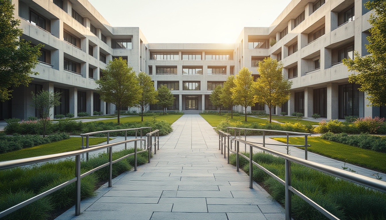 Prompt: Rational campus layout, symmetrical buildings, brutalist architecture, concrete structures, angular lines, open courtyards, pedestrian walkways, tree-lined avenues, modern educational facilities, sleek metal railings, minimalist design, natural stone paving, vibrant greenery, sunny day, soft warm lighting, shallow depth of field, 3/4 composition, panoramic view, realistic textures, ambient occlusion.