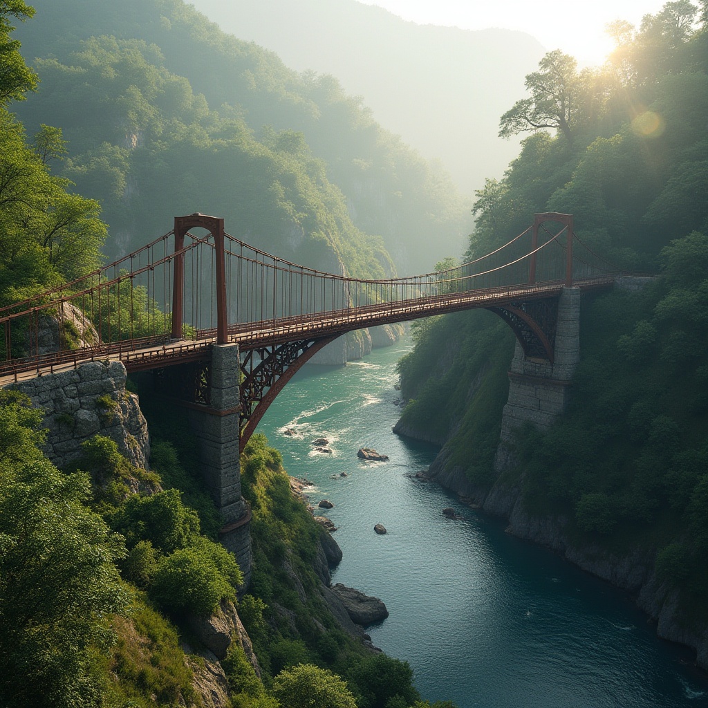 Prompt: Rustic bridge, meandering river, lush vegetation, natural stone foundations, steel arches, suspension cables, wooden railings, scenic overlooks, walking paths, cycling trails, verdant slopes, misty mornings, soft warm lighting, atmospheric perspective, 1/1 composition, realistic water effects, ambient occlusion.