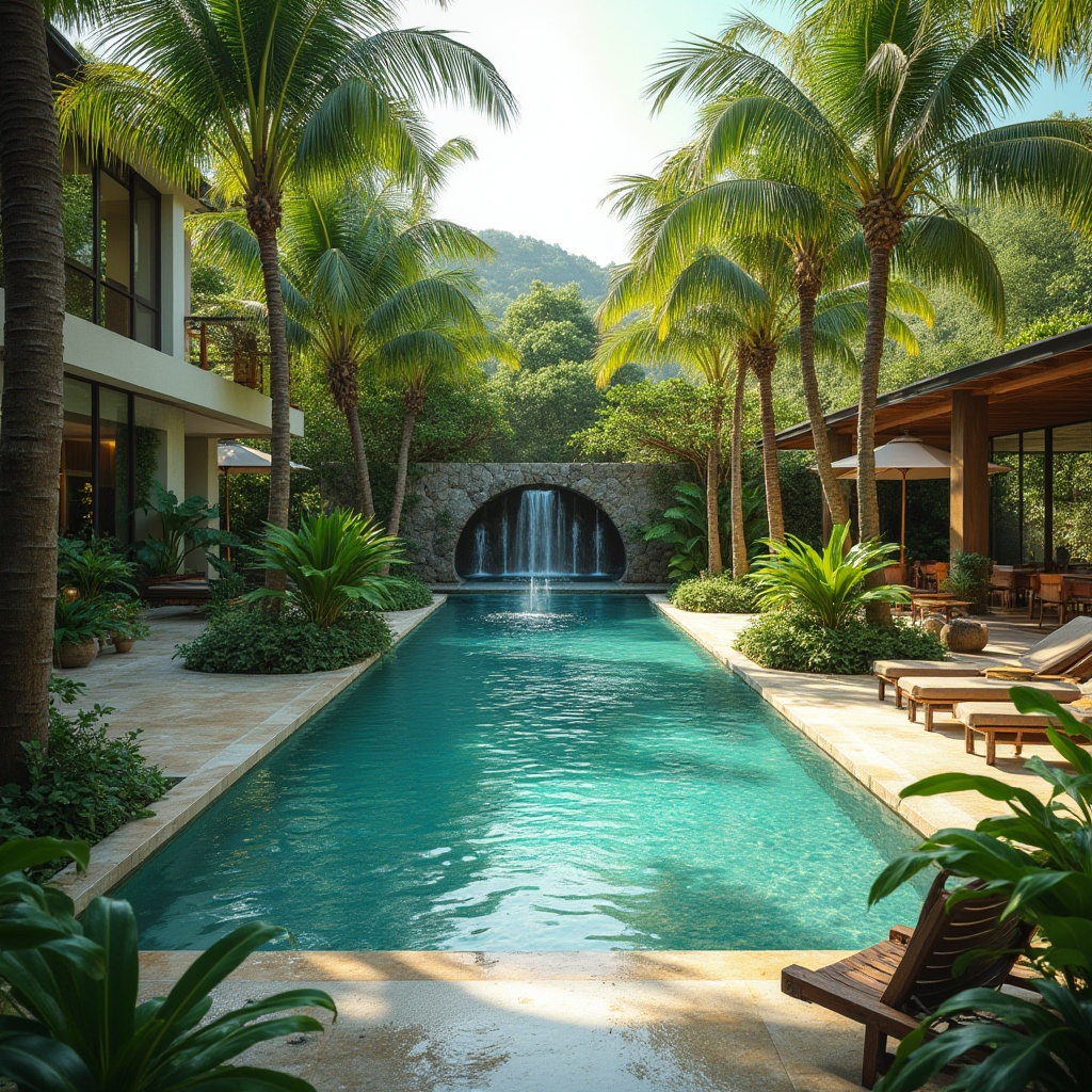 Prompt: Tropical pool surroundings, lush greenery, palm trees, natural stone decking, water features, cascading waterfalls, saltwater pools, solar-powered pumps, wind-driven ventilation systems, clerestory windows, high ceilings, cross-ventilation techniques, evaporative cooling systems, shading devices, misting nozzles, sustainable building materials, recycled glass tiles, low-maintenance landscaping, native plant species, organic pool cleaning systems, soft natural lighting, warm sunny day, shallow depth of field, 3/4 composition, realistic textures.