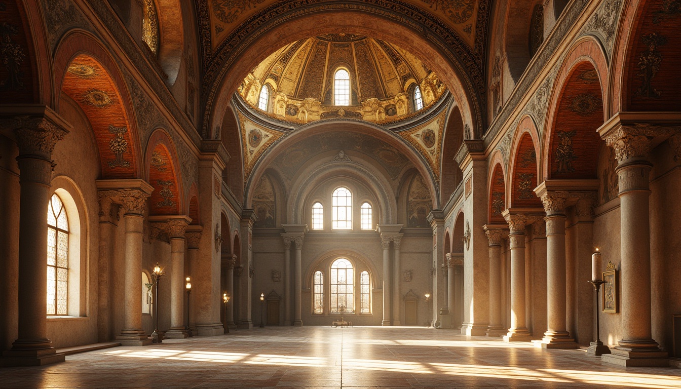 Prompt: Intricate stone arches, ornate Byzantine architecture, golden mosaics, sacred religious symbols, grand entranceways, imposing dome structures, vaulted ceilings, majestic columns, ornamental capitals, rustic brick textures, warm golden lighting, soft shadows, 3/4 composition, symmetrical balance, realistic details, ambient occlusion.