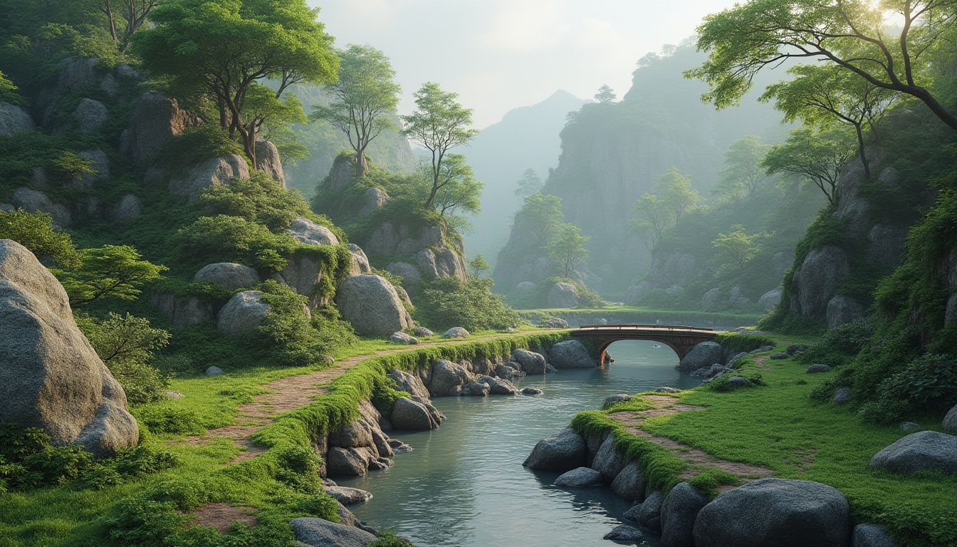 Prompt: Seamless landscape integration, harmonious blending, lush greenery, native flora, meandering water features, rustic stone walls, wooden bridges, natural rock formations, curved pathways, organic shapes, earthy tones, muted color palette, soft diffused lighting, misty atmosphere, shallow depth of field, 2/3 composition, serene ambiance, realistic textures, ambient occlusion.