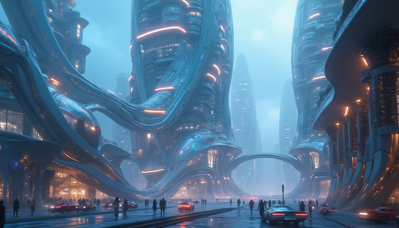 Prompt: Futuristic skyscraper, iridescent glass facade, neon-lit accents, parametric architecture, undulating curves, metallic latticework, holographic displays, LED light installations, cyberpunk ambiance, misty atmospheric effects, shallow depth of field, 1/2 composition, cinematic lighting, high-tech materials, translucent canopies, aerodynamic shapes, radical geometries, virtual reality interfaces, augmented reality experiences, futuristic cityscape, towering vertical gardens, avant-garde art installations.