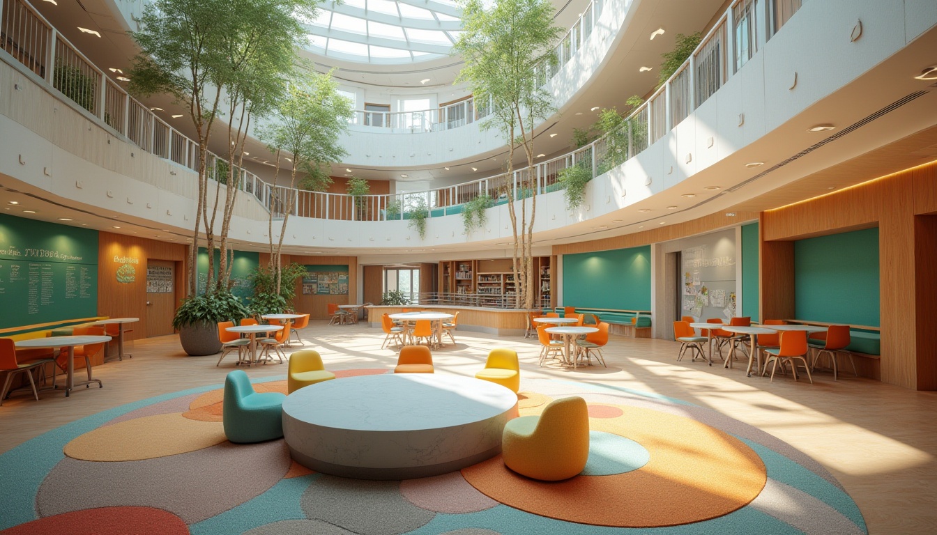 Prompt: Vibrant communal areas, natural light-filled atriums, collaborative learning hubs, comfortable seating zones, interactive whiteboards, colorful rug patterns, flexible modular furniture, open shelving units, green walls, educational graphics, inspirational quotes, warm wood accents, minimal ornamentation, functional storage spaces, circular gathering spots, dynamic ceiling installations, soft overhead lighting, shallow depth of field, 3/4 composition, panoramic view.