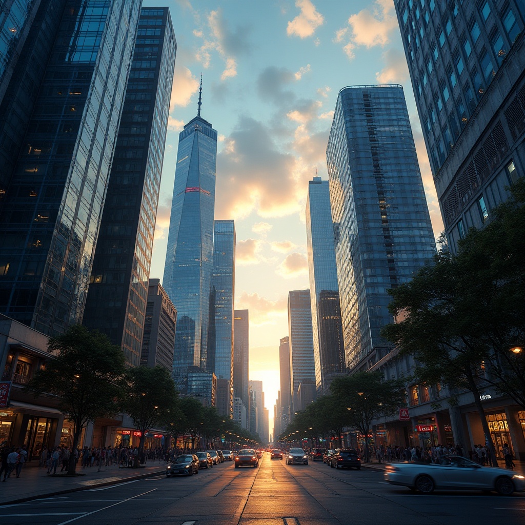 Prompt: Urban skyscraper cityscape, towering high-rise buildings, sleek metallic facades, angular glass reflections, vibrant neon lights, bustling streets, crowded sidewalks, modern architectural styles, steel and concrete structures, dramatic cloud formations, bright blue sky, warm golden sunlight, shallow depth of field, 1/2 composition, low-angle shot, realistic atmospheric effects, ambient occlusion.Please let me know if this meets your requirements!