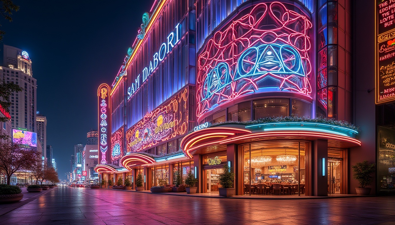 Prompt: Vibrant casino facade, dynamic LED lighting, iridescent glass cladding, curved metal structures, geometric patterns, luxurious entrance, grand atrium, high-ceiling lobby, opulent chandeliers, marble floors, lavish decorations, flashy advertisements, bustling streetscape, urban nightlife, warm neon glow, shallow depth of field, 1/1 composition, cinematic view, realistic reflections, ambient occlusion.