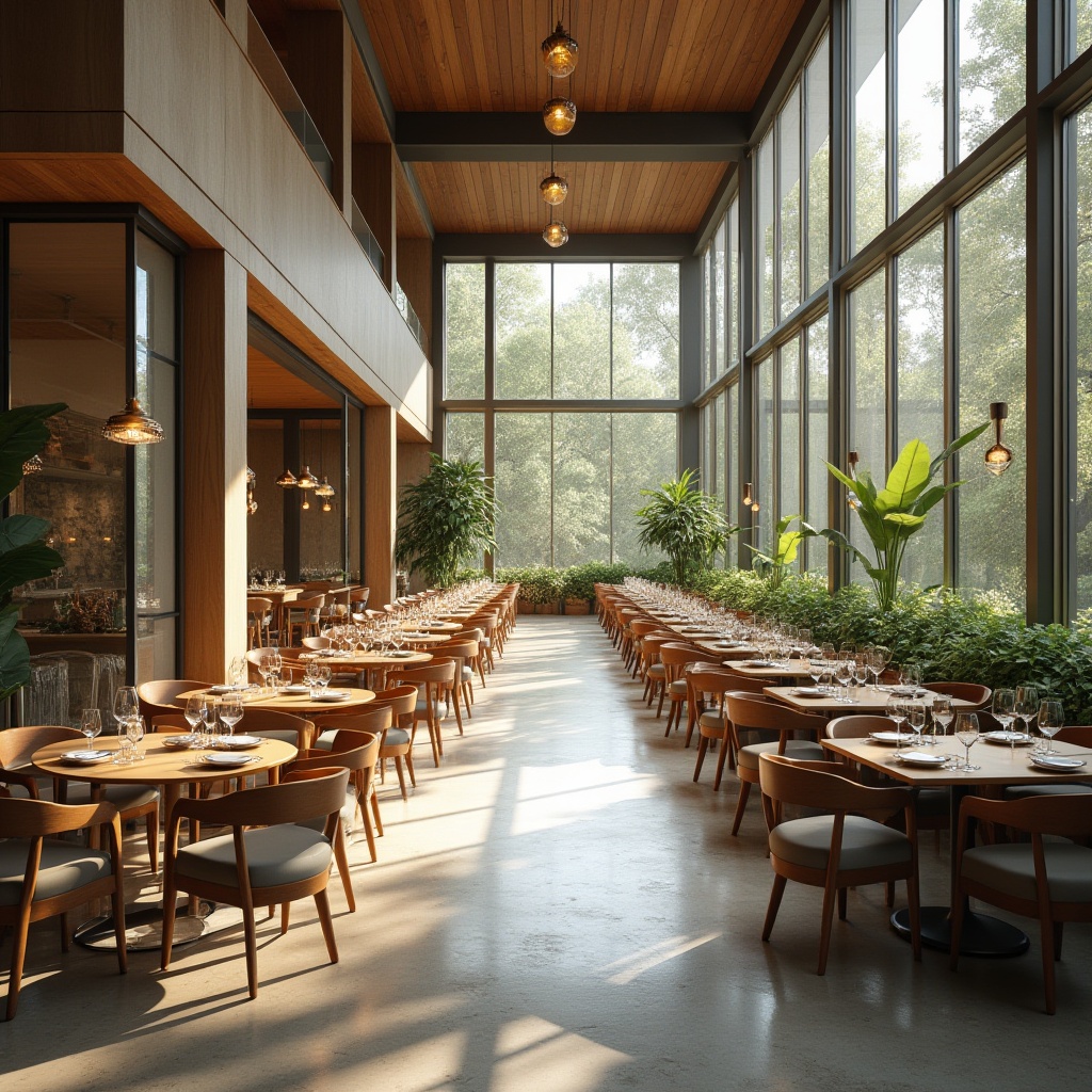 Prompt: Spacious dining hall, high ceilings, large windows, sliding glass doors, natural stone floors, wooden tables, upholstered chairs, pendant lighting, airy atmosphere, soft warm illumination, morning sunlight, subtle shadows, shallow depth of field, 1/1 composition, panoramic view, realistic textures, ambient occlusion, minimalist decor, greenery accents, botanical patterns.