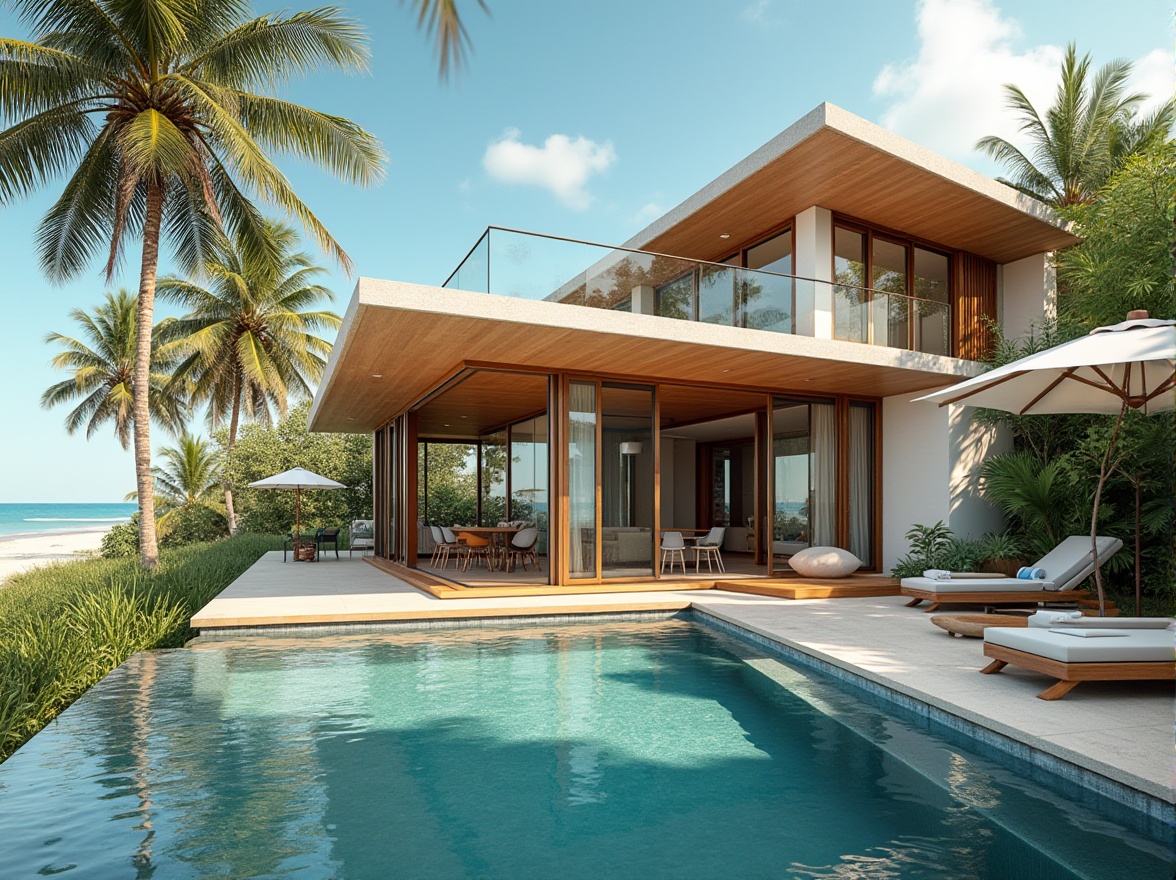 Prompt: Breezy coastal villas, large overhangs, wooden louvers, operable windows, clerestory openings, cross ventilation, natural convection, ocean breeze, salty air, sea views, beachside settings, sandy dunes, palm trees, tropical climate, warm sunny days, soft diffused lighting, 1/1 composition, atmospheric perspective, realistic water effects, subtle texture details.