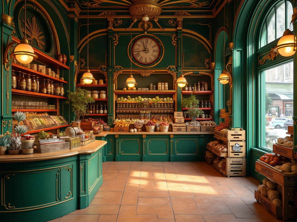 Prompt: \Vibrant Art Nouveau-inspired grocery store, rich jewel tones, emerald green walls, golden accents, ornate wooden shelves, intricate metalwork, curved lines, organic shapes, earthy terracotta floors, warm beige countertops, rustic wooden crates, vintage advertisements, distressed finishes, soft warm lighting, 1/2 composition, shallow depth of field, realistic textures, ambient occlusion.\Let me know if this meets your requirements!