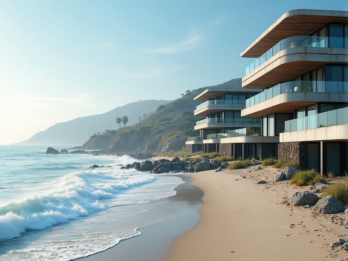 Prompt: Wave-crashing coastline, sandy beaches, salty air, modern coastal buildings, curved facade lines, ocean-inspired architecture, iridescent glass surfaces, anodized aluminum frames, weathered wood accents, rust-resistant metal cladding, sea-salt erosion protection, reinforced concrete foundations, cantilevered balconies, floor-to-ceiling windows, sliding glass doors, ocean-view orientation, natural ventilation systems, solar shading devices, wind-resistant roofing, beach-inspired color palette, soft coastal lighting, 1/2 composition, atmospheric perspective.