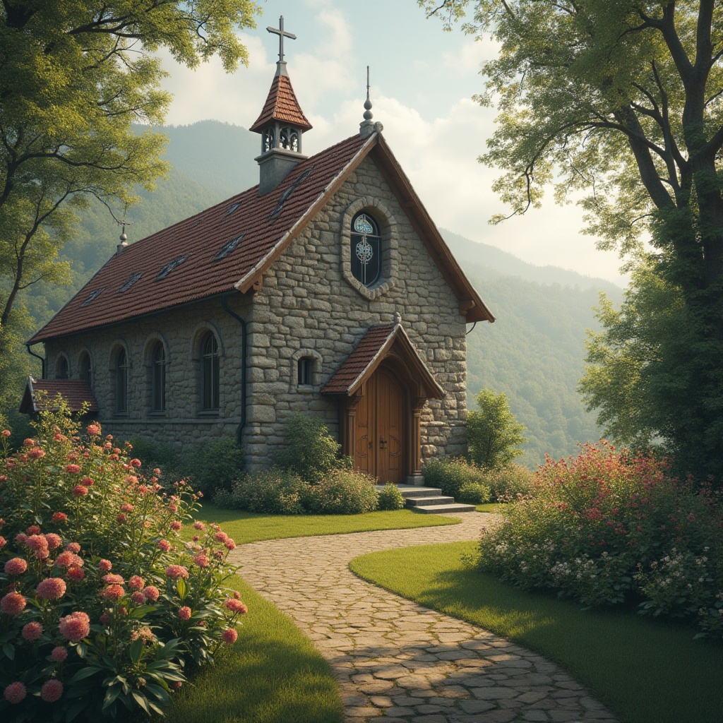 Prompt: Serene church architecture, harmonious surroundings, lush greenery, blooming flowers, rustic stone walls, stained glass windows, wooden doors, peaceful atmosphere, natural landscape, rolling hills, misty mornings, soft warm lighting, shallow depth of field, 3/4 composition, panoramic view, realistic textures, ambient occlusion.