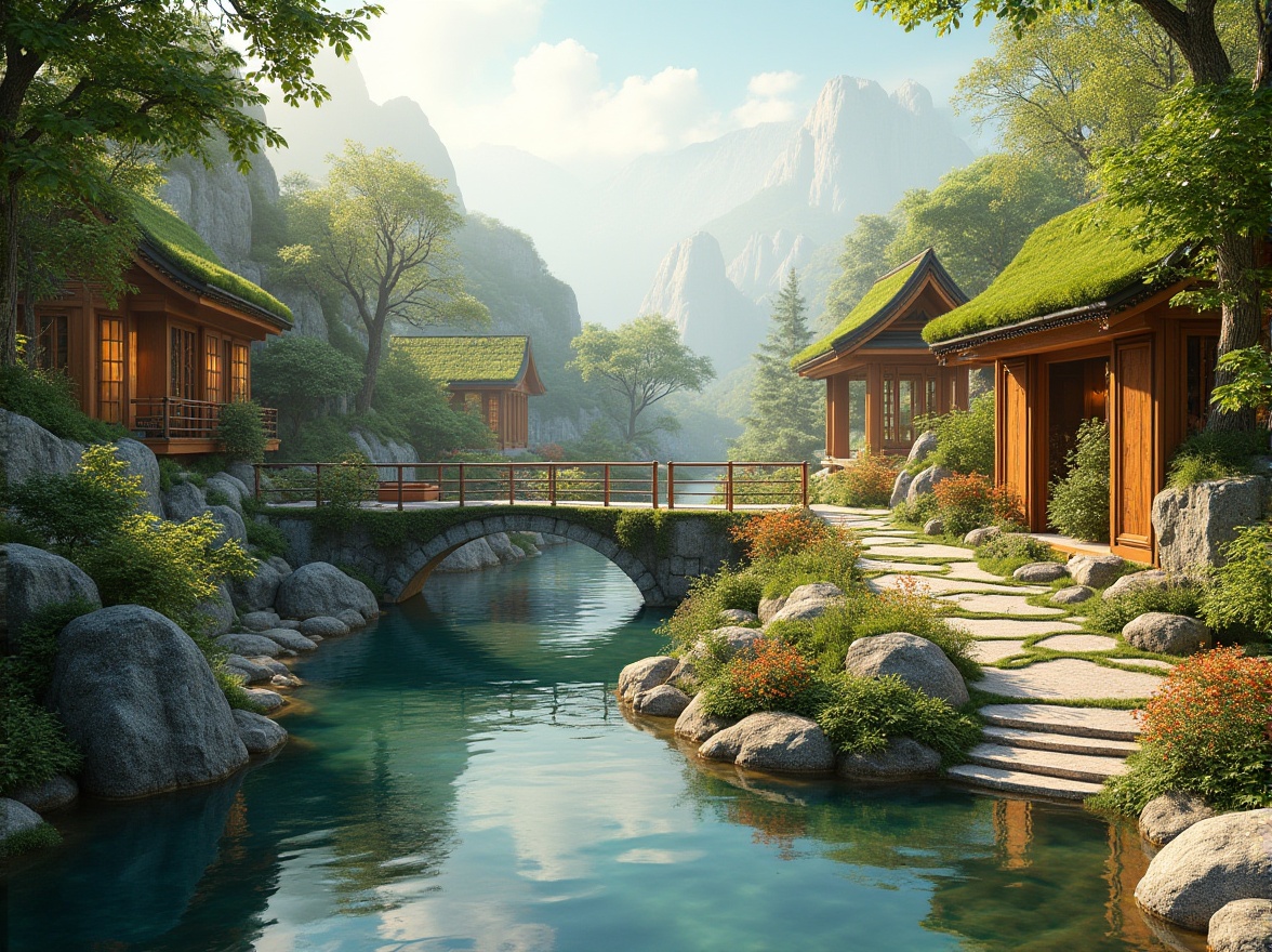 Prompt: Seamless landscape integration, organic curves, natural stone walls, lush green roofs, wooden accents, earthy tones, serene water features, rustic bridges, meandering pathways, native plant species, vibrant wildflowers, sunny afternoon, soft warm lighting, shallow depth of field, 3/4 composition, panoramic view, realistic textures, ambient occlusion.