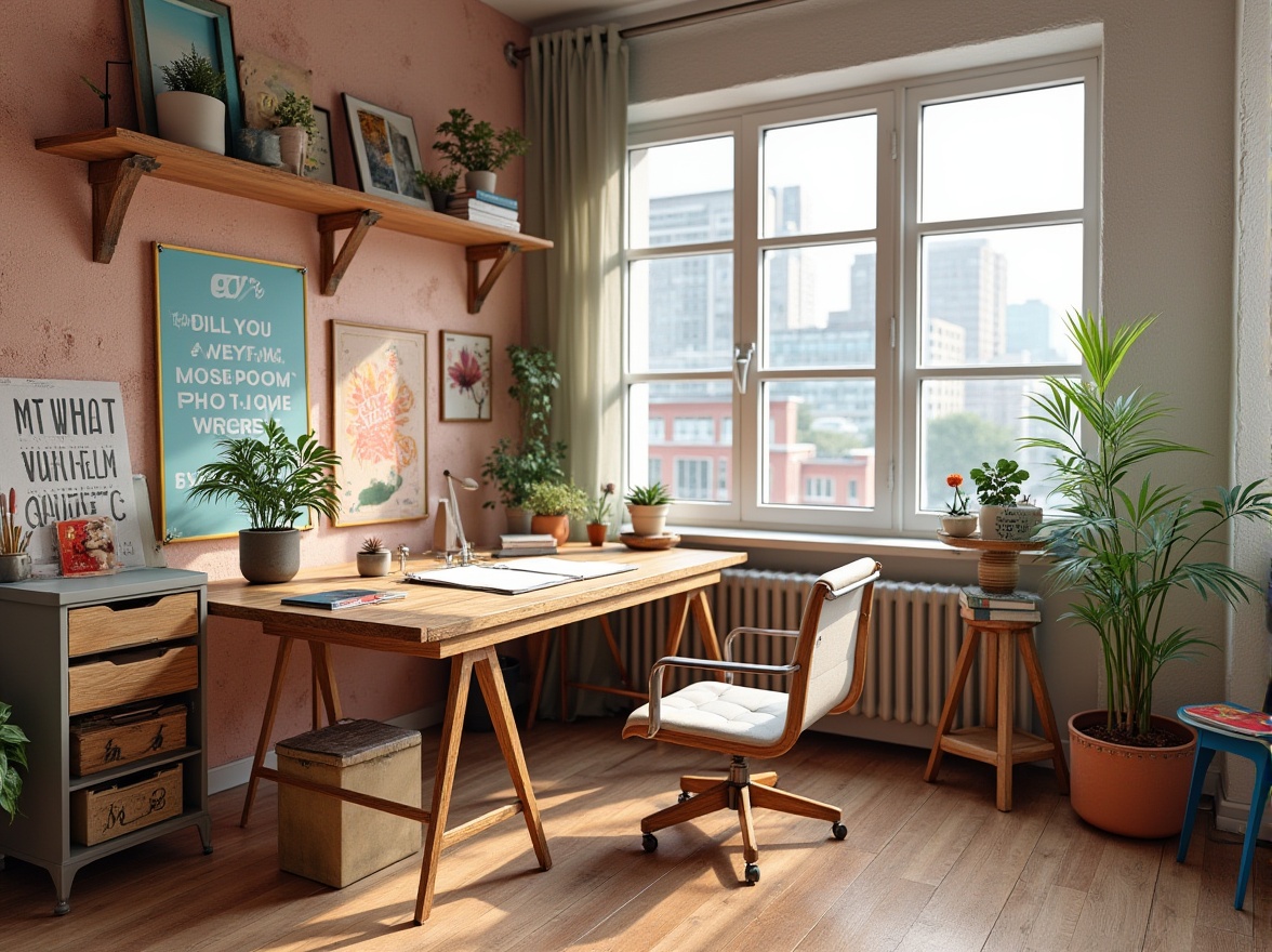 Prompt: Vibrant artistic studio, modern minimalist desk, eclectic decorative items, bold typography posters, inspirational quotes, pastel color accents, natural wood textures, industrial metal chairs, oversized windows, urban cityscape views, warm soft lighting, 1/2 composition, shallow depth of field, realistic renderings.