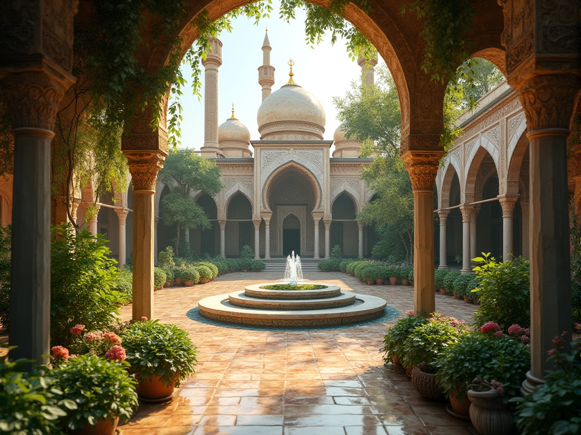 Prompt: Serene mosque courtyard, lush greenery, vibrant flowers, intricately carved archways, ornate minarets, golden domes, natural stone walkways, ornamental fountains, peaceful ambiance, warm sunlight filtering through latticework, shallow depth of field, 3/4 composition, panoramic view, realistic textures, ambient occlusion, subtle misting effect, Islamic-inspired geometric patterns, colorful tiles, cultural heritage integration, harmonious blend of architecture and nature.