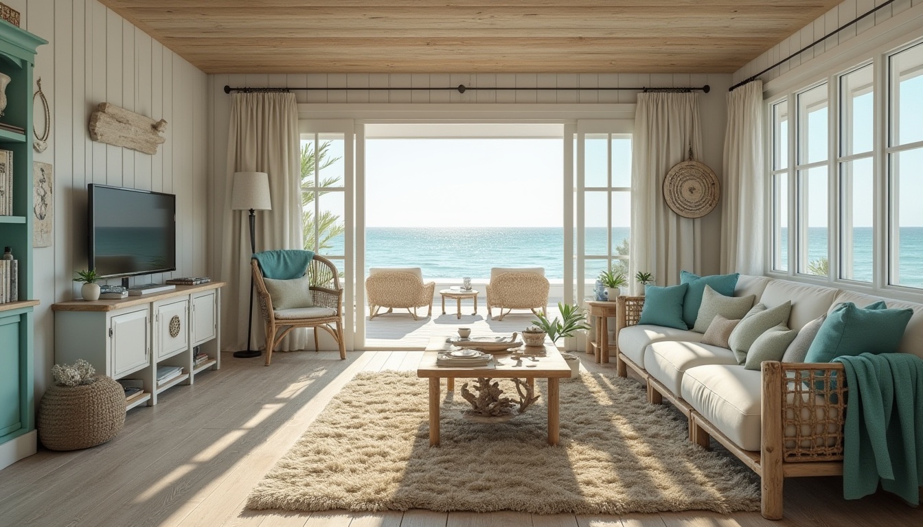 Prompt: Cozy coastal living room, driftwood accents, soft blue-green color palette, natural textiles, woven sea grass baskets, coral-inspired decorative accessories, ocean-view windows, sliding glass doors, reclaimed wood flooring, plush area rugs, nautical-themed artwork, vintage sailing instruments, beachy scents, warm sunny lighting, shallow depth of field, 1/1 composition, inviting atmosphere, realistic wood grain textures.