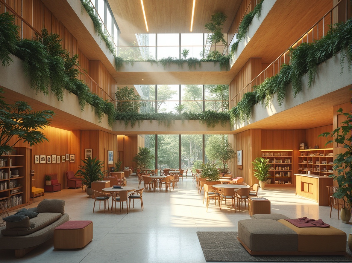 Prompt: Vibrant community center, modern minimalist architecture, open floor plan, natural light-filled atrium, cozy reading nooks, wooden accents, comfortable seating areas, collaborative workspaces, interactive art installations, green walls, living plants, warm color scheme, soft ambient lighting, shallow depth of field, 1/1 composition, realistic textures, ambient occlusion.