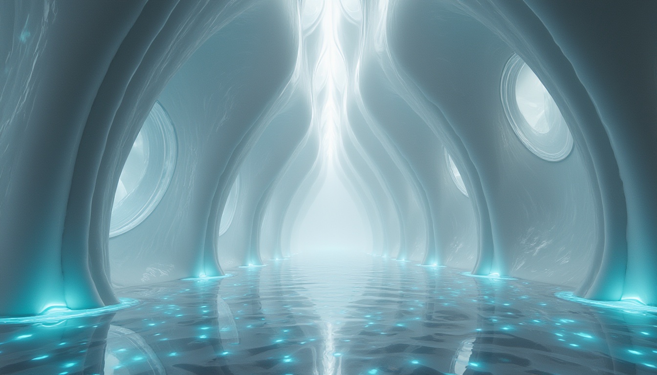 Prompt: Undulating blob-like church structure, smooth organic curves, iridescent stained glass windows, flowing liquid-like interior spaces, bioluminescent accents, ethereal foggy atmosphere, misty morning light, soft focus, shallow depth of field, 1/1 composition, symmetrical view, futuristic materials, translucent membranes, parametric design, algorithmic patterns, sacred ambiance, serene contemplation, abstract textures, subtle color gradations.