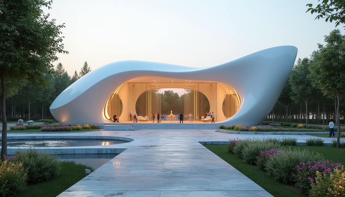 Prompt: Solemn memorial center, curved white facade, subtle LED lighting, minimalist entrance, reflective glass surfaces, angular lines, modern architecture, serene landscaping, lush greenery, vibrant flowers, natural stone walkways, water features, peaceful ambiance, soft warm lighting, shallow depth of field, 3/4 composition, panoramic view, realistic textures, ambient occlusion.