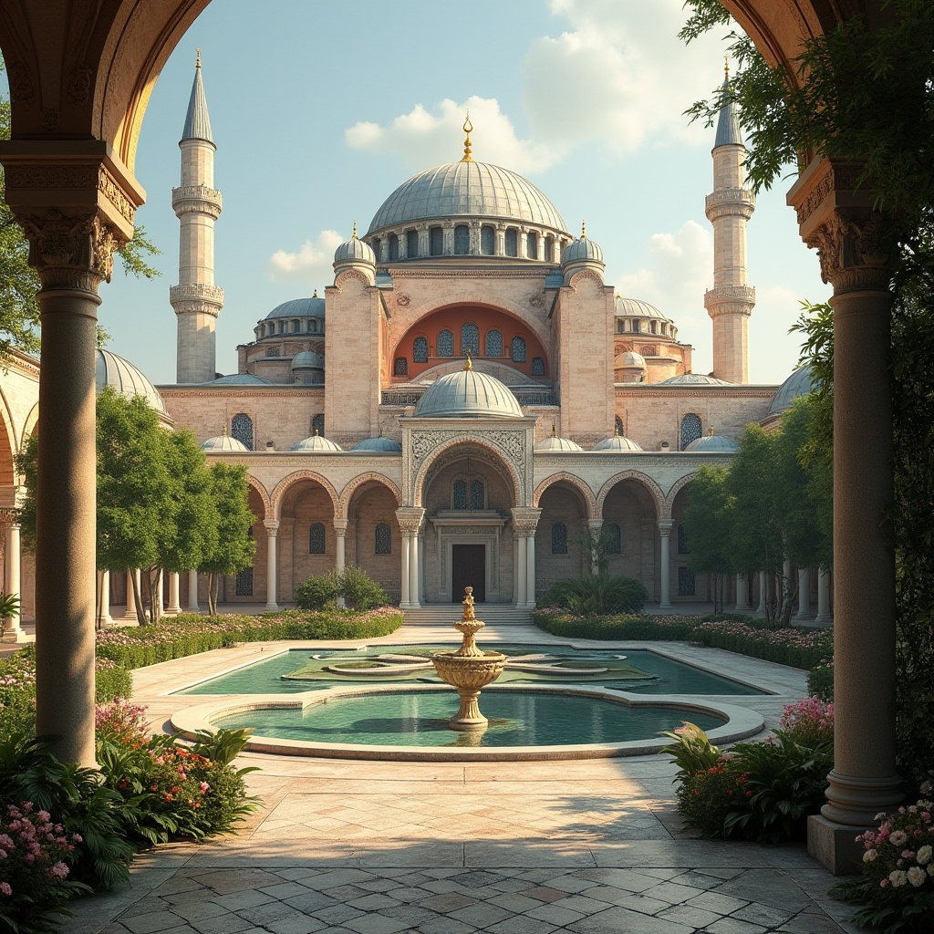 Prompt: Majestic Byzantine architecture, ornate stone carvings, golden domes, intricate mosaics, lush green courtyards, serene water features, grand archways, ornamental fountains, vibrant blooming flowers, rustic stone pathways, tranquil ambiance, warm soft lighting, atmospheric perspective, 1/1 composition, realistic textures, ambient occlusion.