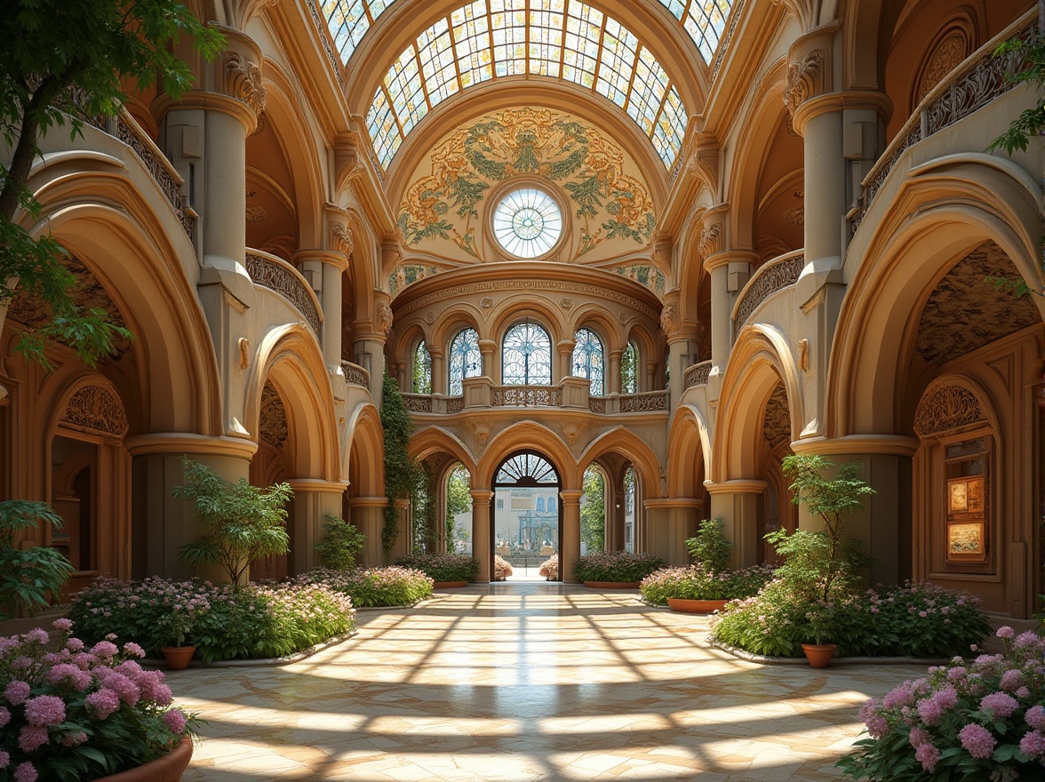 Prompt: Ornate exhibition center, flowing organic lines, sinuous curves, botanical patterns, stained glass windows, intricate ironwork, grand entrance, sweeping archways, ornamental balconies, vibrant colorful mosaics, natural stone fa\u00e7ades, subtle gradient effects, warm golden lighting, shallow depth of field, 2/3 composition, symmetrical framing, realistic textures, ambient occlusion, lush greenery surroundings, blooming flowers, sunny day.