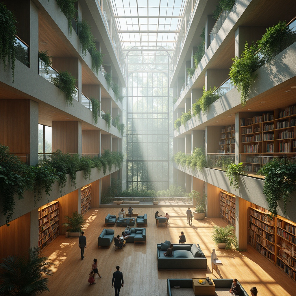 Prompt: \Spacious library interior, high ceilings, clerestory windows, natural light diffusion, wooden shelving, book collections, reading areas, comfortable seating, green roofs, living walls, vertical gardens, automated shading systems, solar-powered ventilation, windcatchers, rooftop gardens, urban landscape views, misty morning atmosphere, soft indirect lighting, 1/2 composition, realistic textures, ambient occlusion.\