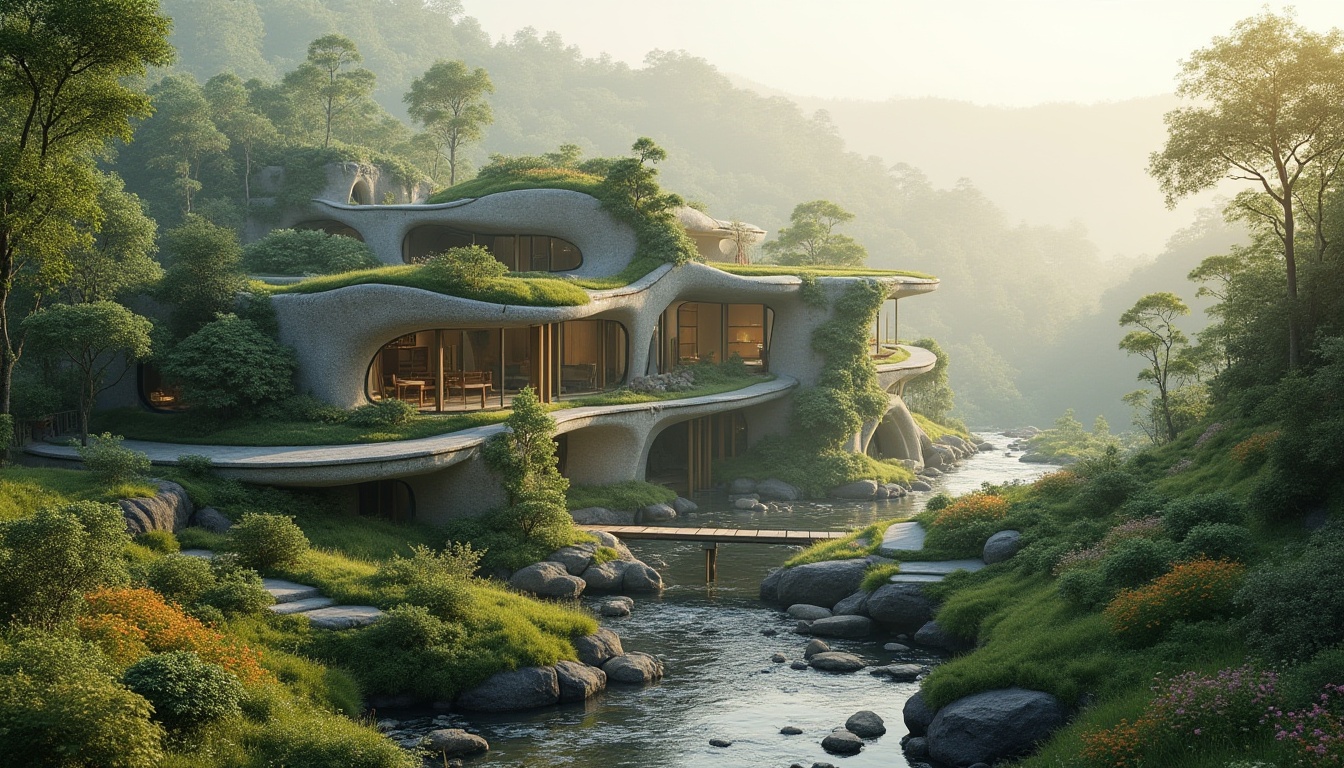 Prompt: Organic architecture, curved lines, natural stone walls, green roofs, living walls, vertical gardens, transparent glass fa\u00e7ades, minimalist design, seamless landscape integration, serene atmosphere, misty morning, soft warm lighting, shallow depth of field, 1/1 composition, panoramic view, realistic textures, ambient occlusion, rolling hills, lush forests, meandering pathways, rustic wooden bridges, babbling brooks, vibrant wildflowers.