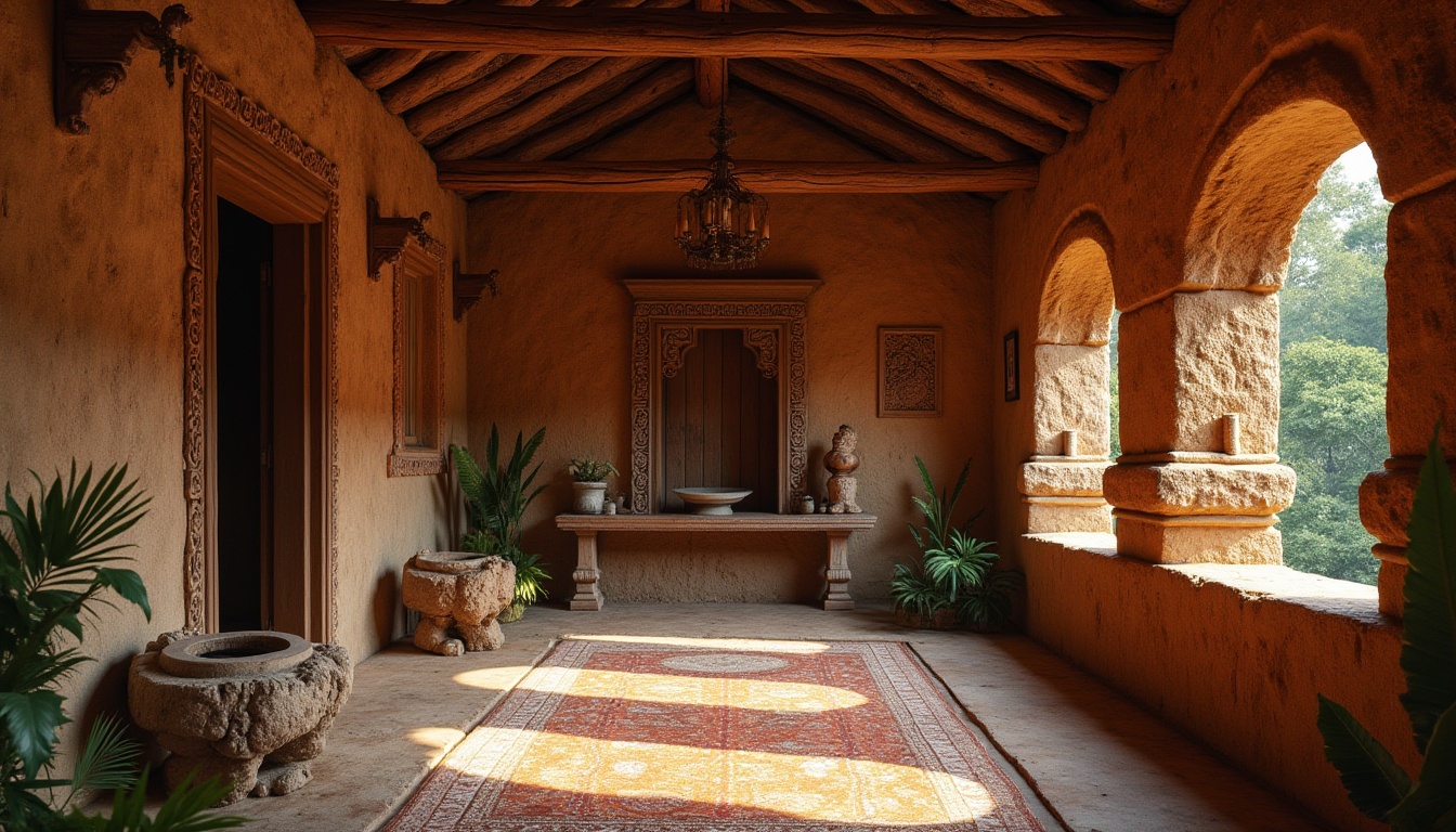 Prompt: Traditional Mayan architecture, Chukum wood accents, natural texture, earthy tone, sustainable materials, eco-friendly design, cultural heritage, Mesoamerican influences, handcrafted details, intricate carvings, ornate patterns, vibrant colors, rustic charm, warm ambient lighting, shallow depth of field, 1/1 composition, realistic textures, ambient occlusion.