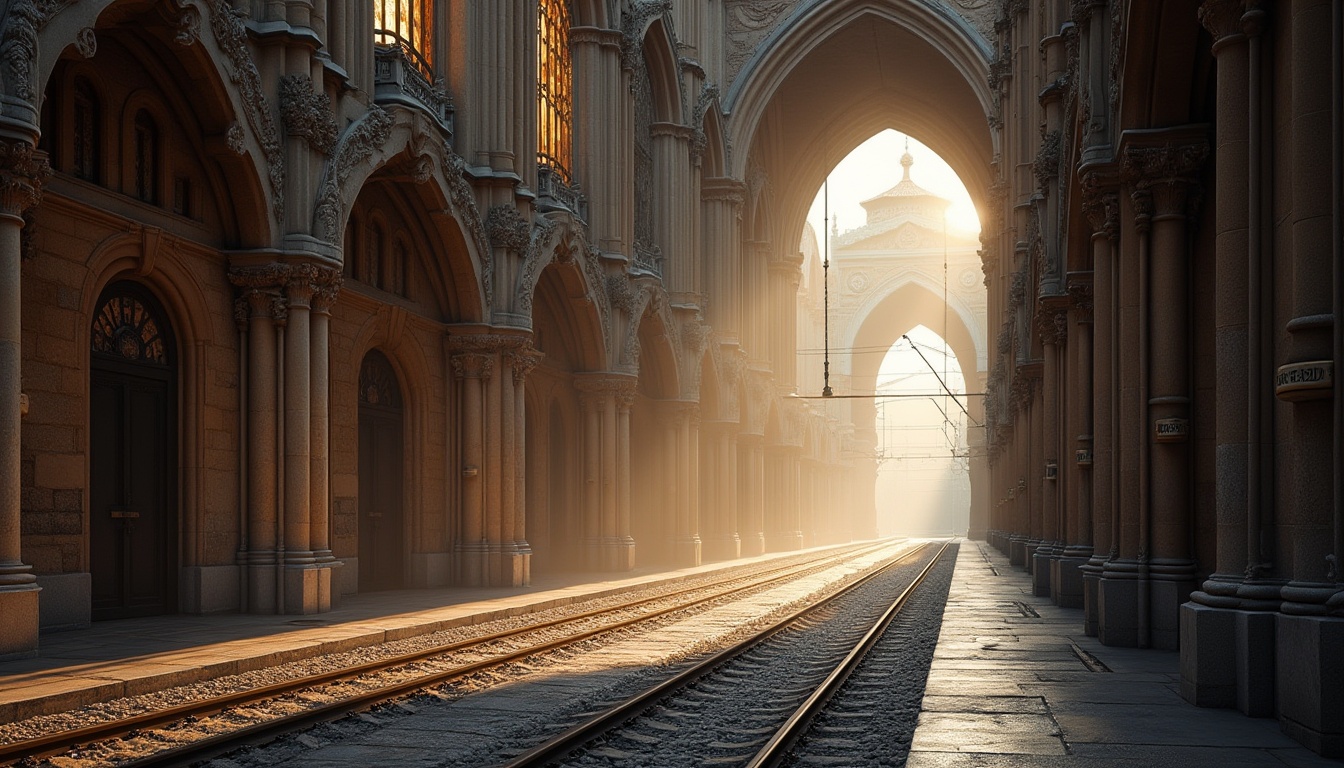 Prompt: Intricate stone carvings, pointed arches, ribbed vaults, grandiose entranceways, ornate ironwork, stained glass windows, dramatic lighting effects, industrial tram tracks, urban cityscape, misty morning atmosphere, warm golden illumination, shallow depth of field, 1/2 composition, symmetrical framing, realistic textures, ambient occlusion.