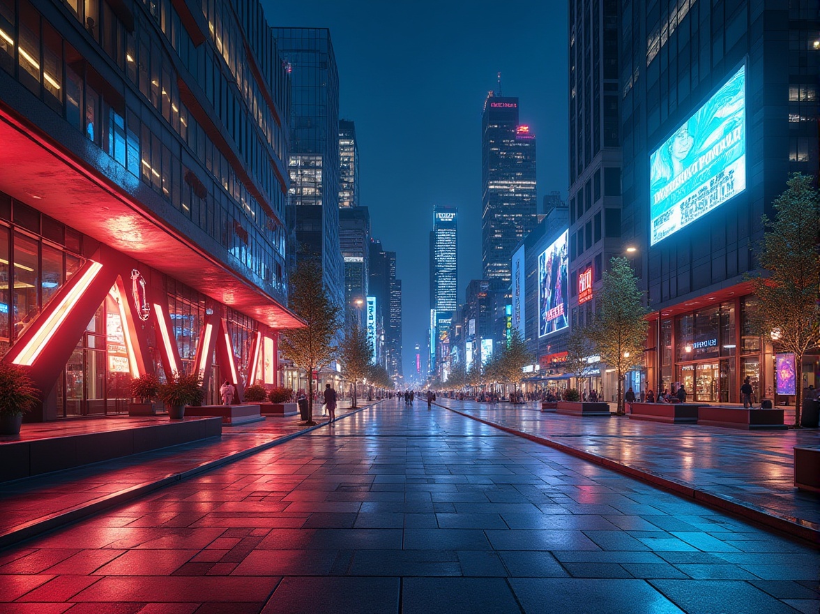 Prompt: Vibrant urban square, dynamic geometric patterns, angular lines, metallic accents, modern street furniture, interactive light installations, pedestrian-friendly walkways, futuristic skyscrapers, sleek glass facades, neon-lit advertisements, bustling city atmosphere, shallow depth of field, 1/1 composition, dramatic nighttime lighting, realistic textures, ambient occlusion.