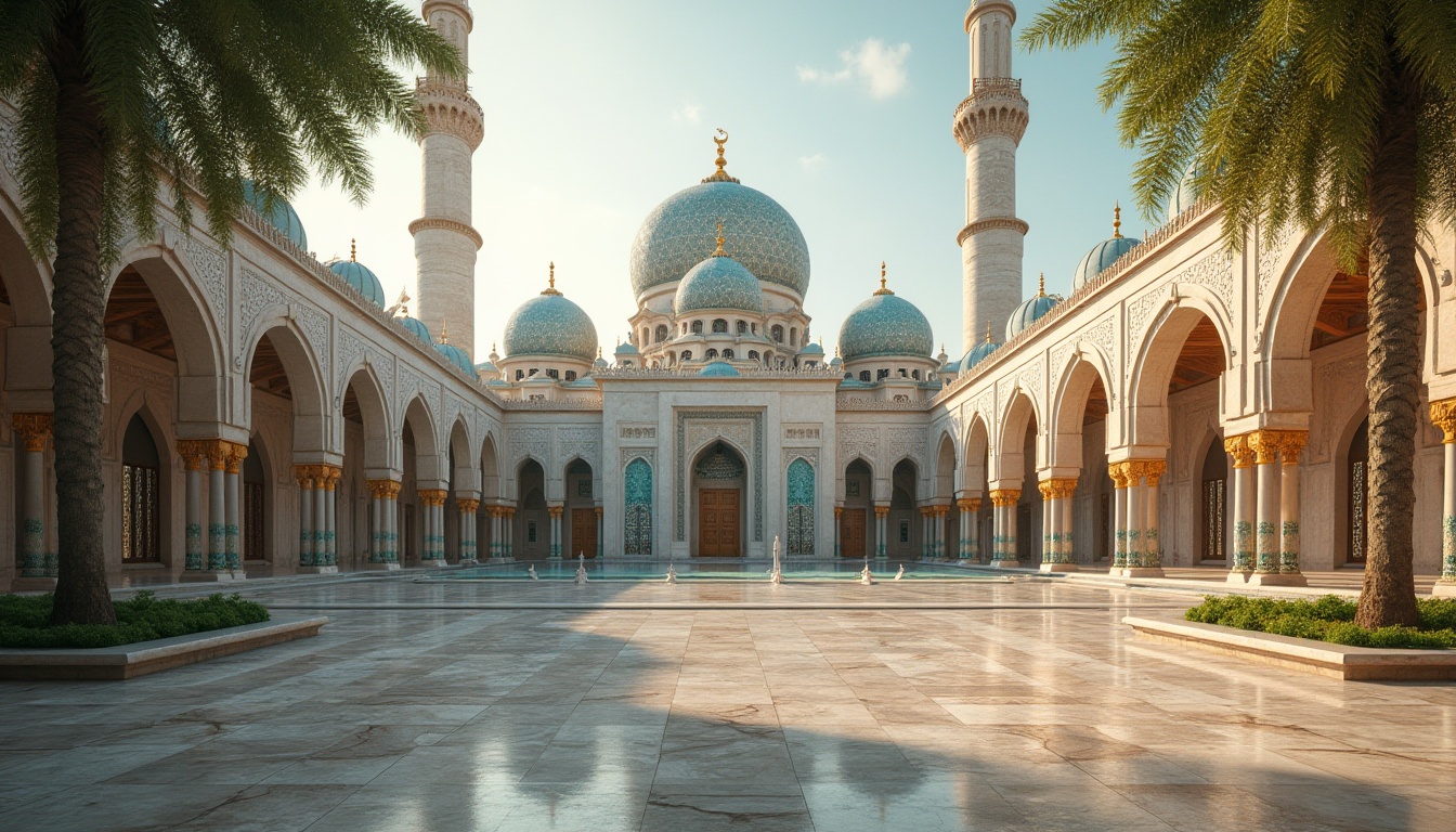 Prompt: Grand mosque, intricately patterned domes, minarets, arched windows, Islamic geometric motifs, vibrant turquoise tiles, golden accents, ornate wooden doors, sacred scriptures, spiritual ambiance, warm soft lighting, subtle misting systems, shallow depth of field, 3/4 composition, panoramic view, realistic textures, ambient occlusion, peaceful courtyard, serene water features, lush greenery, natural stone flooring.