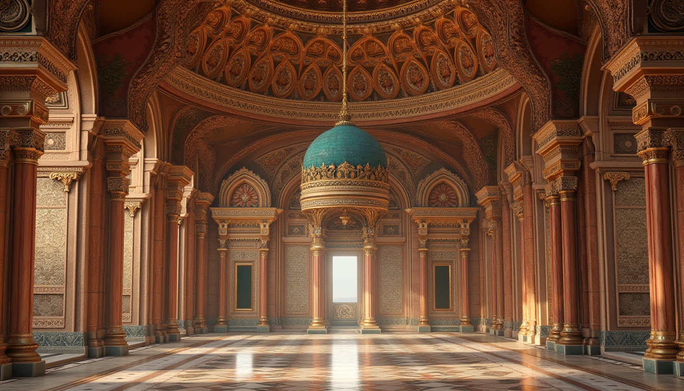 Prompt: Richly ornate architecture, intricate stone carvings, golden mosaics, warm earthy tones, terracotta reds, burnt oranges, deep blues, emerald greens, luxurious gold accents, ornate patterns, elaborate frescoes, grand domes, majestic arches, rich textures, soft warm lighting, shallow depth of field, 1/2 composition, symmetrical view, realistic renderings, ambient occlusion.