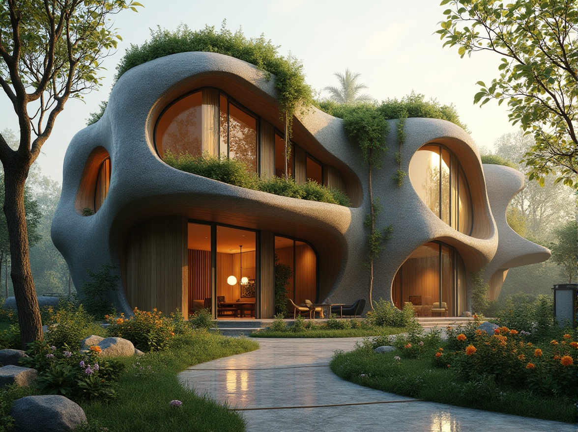 Prompt: Curved organic building, undulating wooden facade, natural stone walls, lush green roofs, living walls, biomimetic structures, fluid lines, irregular shapes, earthy color palette, warm ambient lighting, soft focus, shallow depth of field, 2/3 composition, panoramic view, realistic textures, ambient occlusion, misty morning atmosphere, dewy foliage, vibrant flowers, intricate branch patterns.