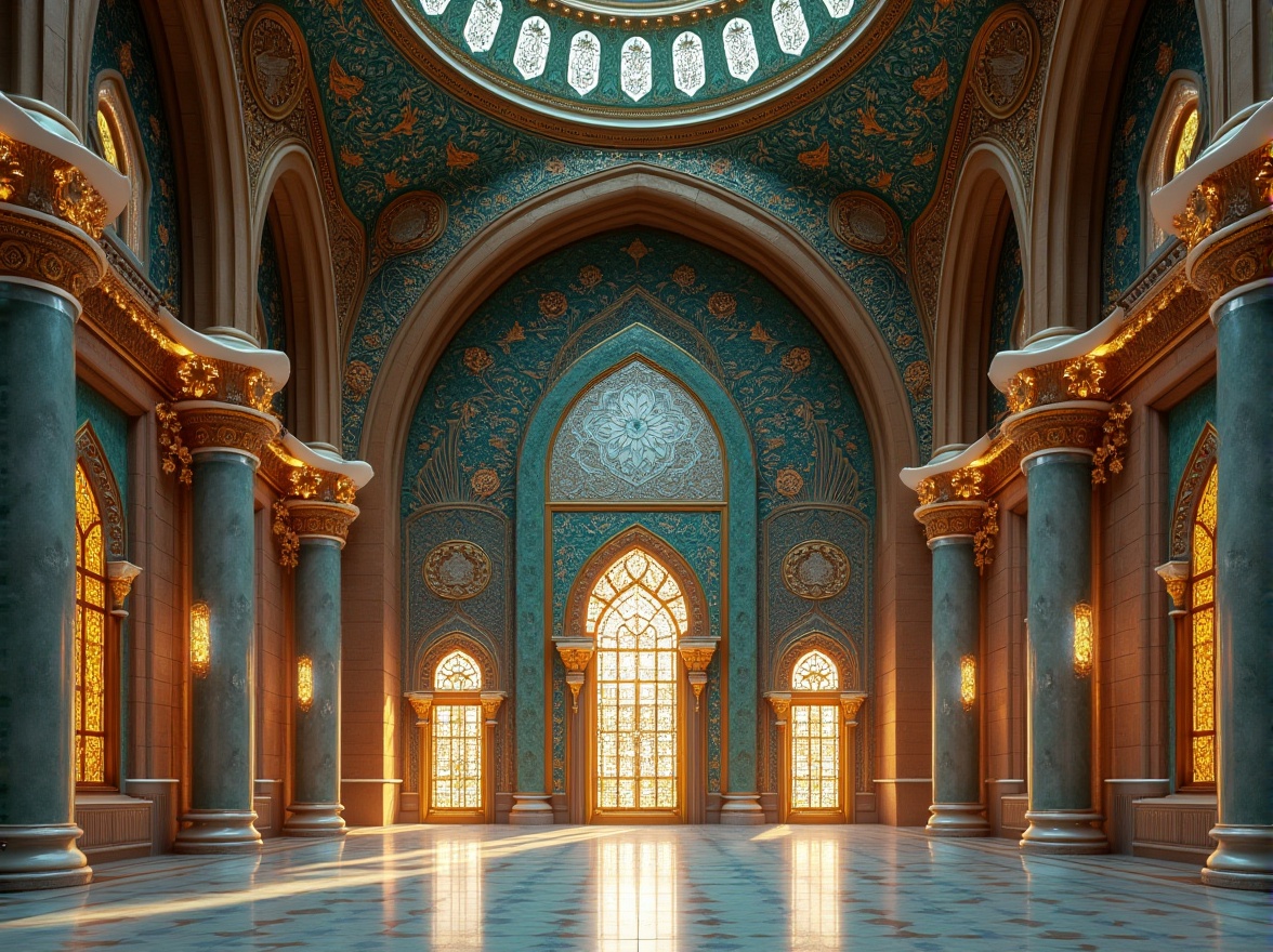 Prompt: \Intricate Islamic arches, ornate domes, majestic minarets, vibrant turquoise tiles, golden calligraphy, sacred geometry patterns, natural stone walls, modern LED lighting, stunning stained glass windows, abstract floral motifs, curved lines, symmetrical composition, warm ambient lighting, shallow depth of field, 1/2 composition, realistic textures, ambient occlusion, serene spiritual atmosphere.\