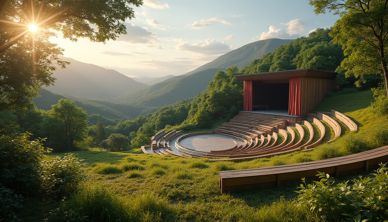 Prompt: Natural amphitheater setting, lush green hills, tiered seating areas, wooden benches, scenic overlooks, dramatic sky views, warm afternoon lighting, soft shadows, 3/4 composition, panoramic view, realistic textures, ambient occlusion; outdoor performance stage, sound reflective surfaces, acoustic shell design, speaker system integration, microphone placement optimization, sound wave dispersion analysis, audience seating arrangements, soundproofing materials selection, reverberation time reduction strategies.