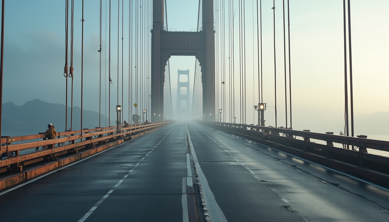 Prompt: Sturdy bridge construction, weathered steel beams, rust-resistant coatings, reinforced concrete pillars, durable asphalt roadways, high-strength cable suspensions, robust anchorages, water-repellent membranes, corrosion-protected rebar, sustainable wood decking, galvanized railings, heavy-duty expansion joints, crack-resistant paint finishes, rugged stone foundations, reliable drainage systems, low-maintenance design, harsh weather conditions, misty mornings, soft natural lighting, shallow depth of field, 3/4 composition, realistic textures.