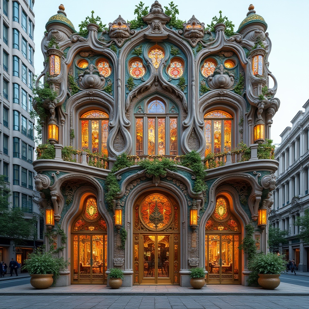 Prompt: Intricate ornate facade, flowing organic lines, sinuous curves, botanical motifs, stained glass windows, ornamental ironwork, grand entrance archways, vibrant colorful signage, decorative tile mosaics, natural stone cladding, curved corner turrets, asymmetrical composition, dynamic angular forms, fluid shapes, soft warm lighting, shallow depth of field, 1/2 composition, realistic textures, ambient occlusion, bustling street scene, urban cityscape.