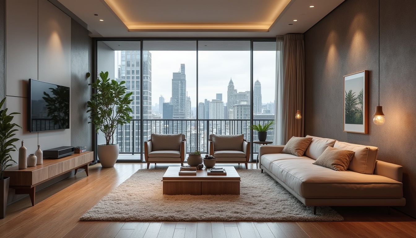 Prompt: Modern living room, sleek furniture, minimalist decor, wooden flooring, neutral color palette, cozy ambiance, warm lighting, comfortable seating area, floor-to-ceiling windows, urban city view, 1/1 composition, shallow depth of field, softbox lighting, realistic textures, ambient occlusion.