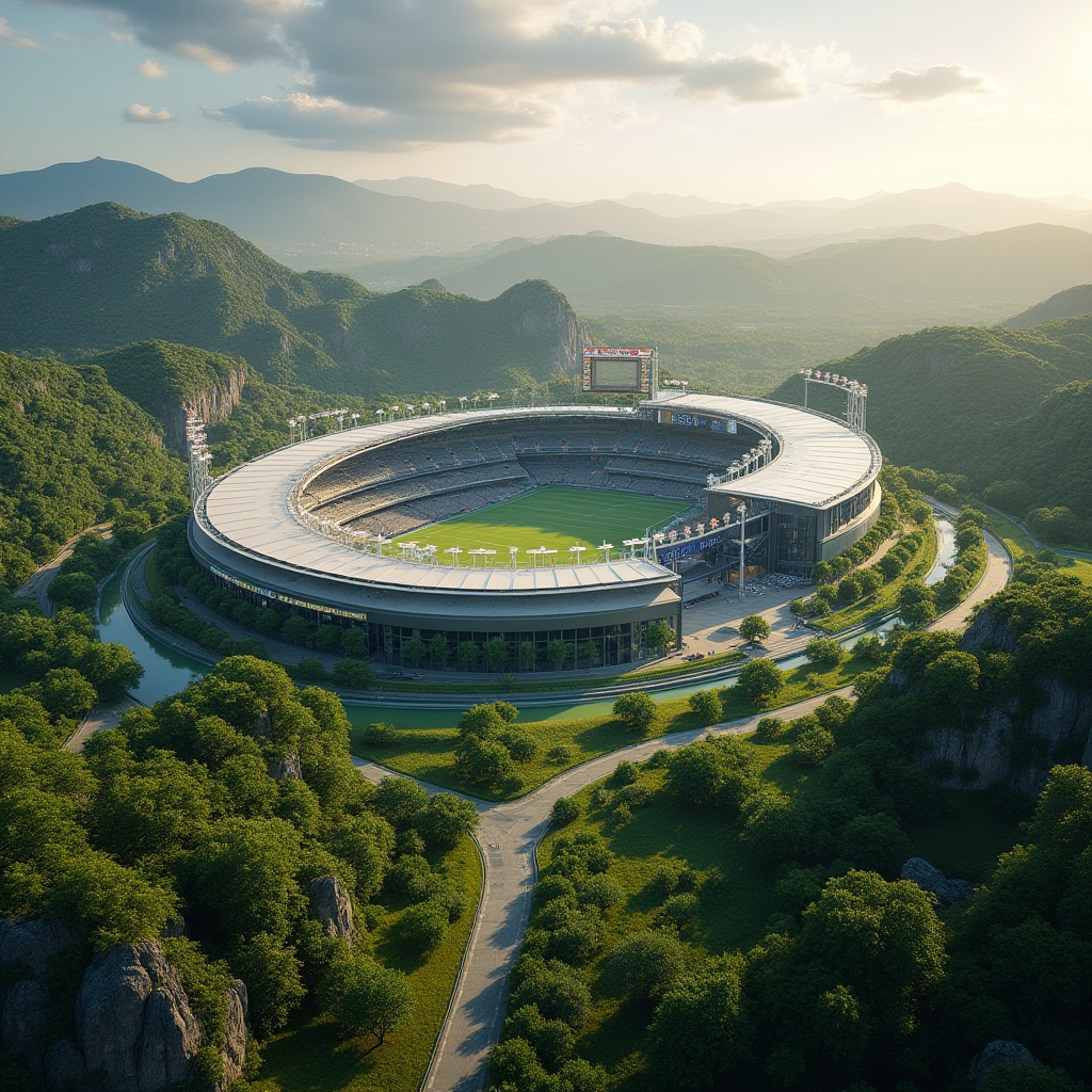 Prompt: \ Verdant stadium surroundings, rolling hills, lush greenery, natural rock formations, meandering walking trails, spectator seating areas, iconic scoreboard displays, sleek modern architecture, cantilevered roofs, large glass facades, retractable roofs, floodlighting systems, evening ambiance, warm golden lighting, shallow depth of field, 2/3 composition, panoramic view, realistic textures, ambient occlusion, integrated landscape design, eco-friendly materials, rainwater harvesting systems, green roofs, sustainable energy solutions.\Let me know if you need any adjustments!