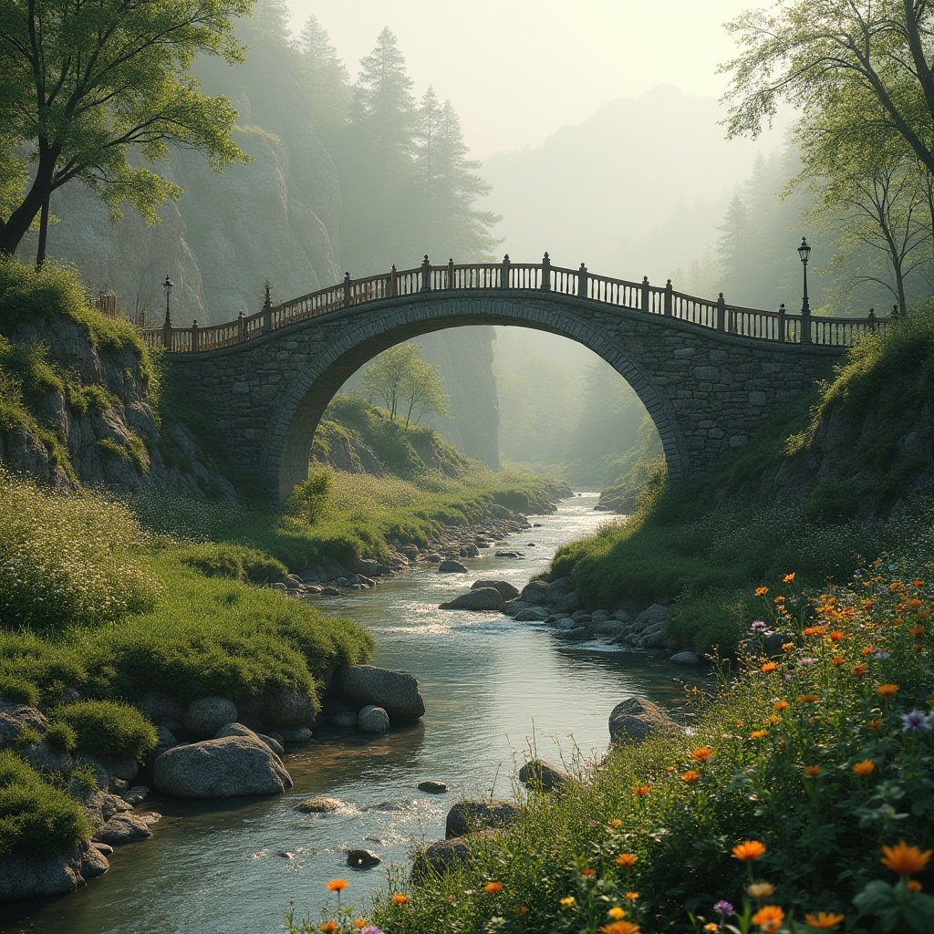 Prompt: Curved bridge silhouette, seamless integration with surroundings, lush greenery, wildflower meadows, gentle water flow, rustic stone walls, wooden railings, natural rock formations, scenic overlooks, winding pedestrian paths, soft warm lighting, atmospheric mist, shallow depth of field, 1/1 composition, panoramic view, realistic textures, ambient occlusion.