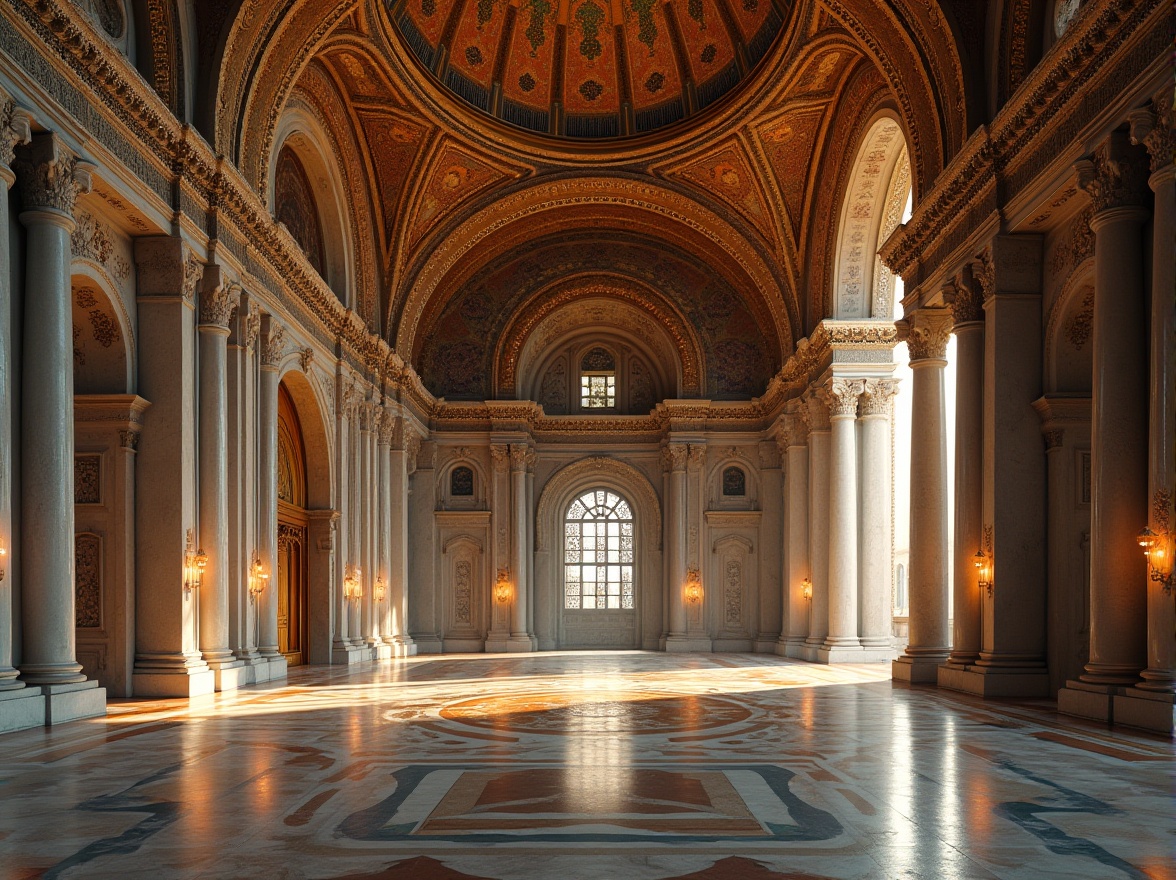 Prompt: Ornate Byzantine architecture, grandiose arches, intricately carved stone walls, vibrant mosaic patterns, golden domes, ornamental columns, richly textured marble floors, solemn atmosphere, soft warm lighting, shallow depth of field, 3/4 composition, symmetrical layout, realistic textures, ambient occlusion.