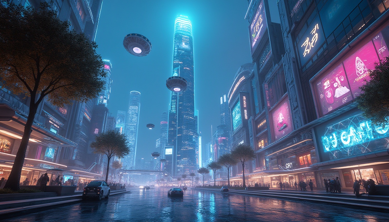 Prompt: Futuristic skyscraper, iridescent glass fa\u00e7ade, neon-lit cityscape, sleek metallic accents, holographic advertisements, levitating transportation pods, angular robotic sculptures, virtual reality interfaces, cyberpunk-inspired murals, luminescent LED strips, dynamic parametric patterns, atmospheric misting systems, 1/1 composition, low-angle shot, dramatic spotlighting, high-contrast rendering.