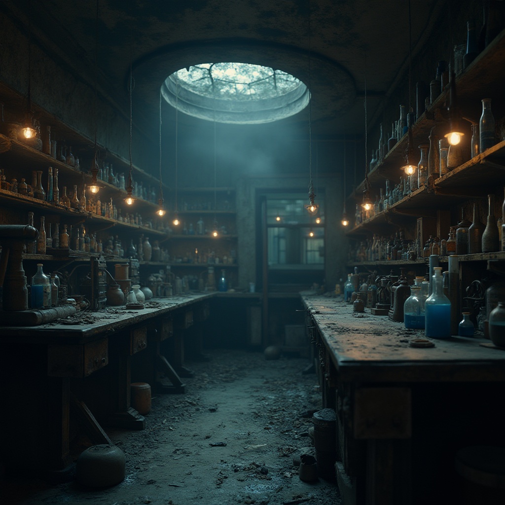 Prompt: Mysterious abandoned laboratory, dimly lit interior, old wooden tables, rusty metal equipment, vintage scientific instruments, dusty beakers, Prussian blue pigments, rich dark tones, muted earthy colors, subtle warm lighting, shallow depth of field, 1/1 composition, realistic textures, ambient occlusion.