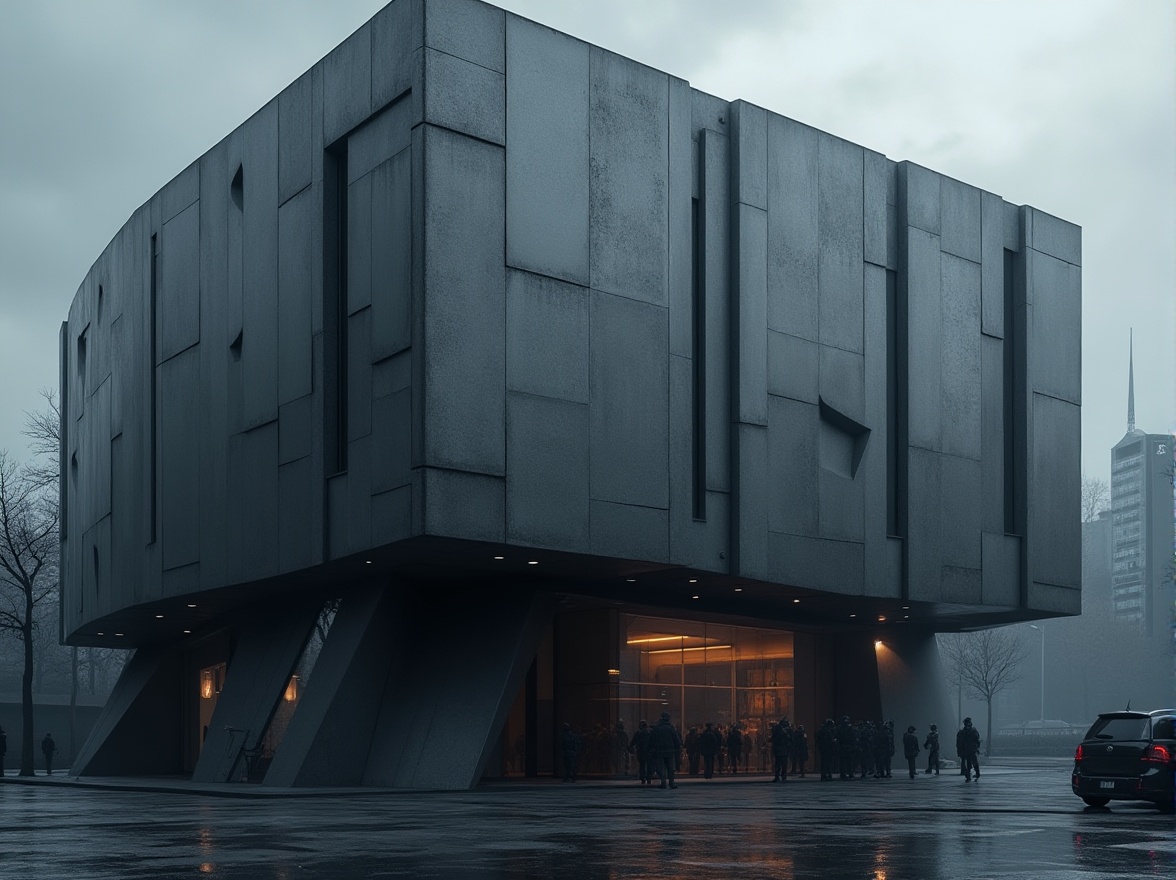 Prompt: Dark gray metallic facade, geometric patterns, futuristic architecture, sleek lines, minimalist design, reflective glass surfaces, angular windows, modern cityscape, urban atmosphere, cloudy sky, dramatic lighting, high contrast, deep shadows, mysterious ambiance, industrial materials, brutalist inspiration, edgy textures, avant-garde style, abstract compositions, low-key color palette.