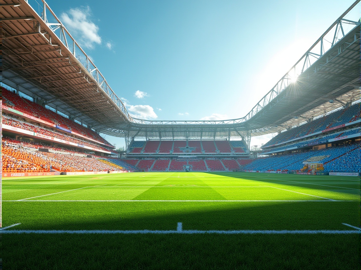 Prompt: Vibrant sports field, lush green grass, bold stadium seating, dynamic color blocking, contrasting team colors, energetic crowd atmosphere, sunny day, soft natural lighting, shallow depth of field, 3/4 composition, panoramic view, realistic textures, ambient occlusion, modern angular architecture, sleek metal beams, transparent glass facades, geometric patterns, athletic track lanes, soccer goals, basketball hoops, tennis courts, scoreboards, sports equipment storage, natural stone accents, eco-friendly materials.