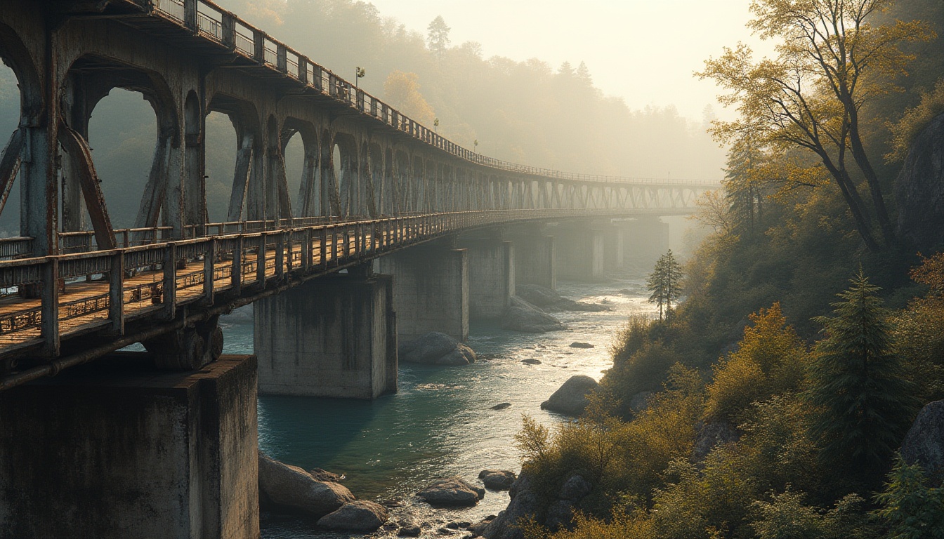 Prompt: Rustic steel bridges, weathered concrete piers, sturdy stone foundations, galvanized metal railings, durable wooden decking, reinforced polymer composite materials, high-strength cables, corrosion-resistant coatings, textured anti-slip surfaces, dramatic arches, imposing pillars, majestic river crossings, serene natural surroundings, misty morning atmosphere, soft golden lighting, 3/4 composition, realistic reflections.