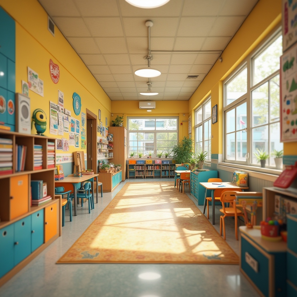 Prompt: Vibrant elementary school, playful kindergarten, bright corridors, colorful lockers, lively classrooms, inspiring murals, educational posters, fun patterned rugs, comfortable seating areas, natural wood accents, bold accent walls, stimulating lighting fixtures, energetic color scheme, warm beige tones, calming blue hues, refreshing green accents, sunny yellow shades, 1/2 composition, shallow depth of field, soft warm lighting, realistic textures.