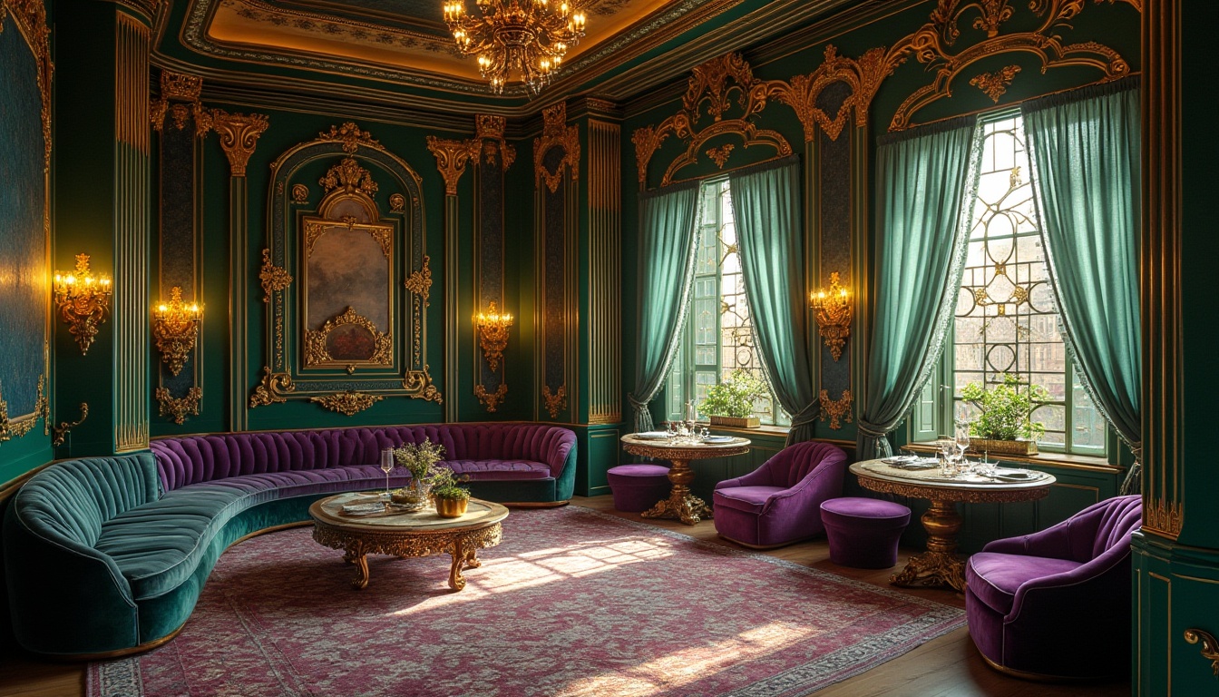 Prompt: Luxurious Art Nouveau interior, opulent curves, sinuous lines, ornate decorations, warm golden lighting, rich jewel-toned colors, emerald green walls, sapphire blue accents, amethyst purple furniture, bronze metallic finishes, intricate organic patterns, flowing floral motifs, vintage elegance, soft romantic ambiance, dramatic shadows, 2/3 composition, shallow depth of field, cinematic lighting.