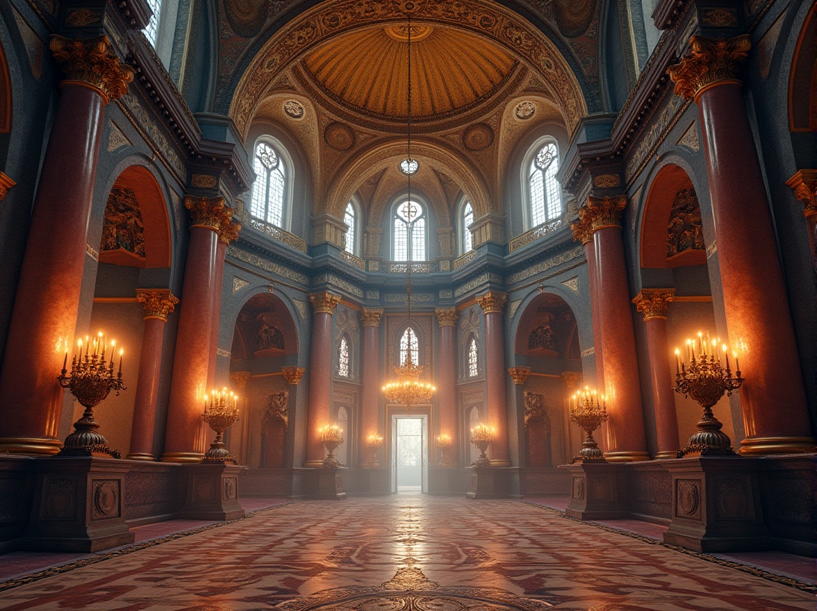 Prompt: \Opulent Byzantine cathedral, rich gold accents, deep blue domes, intricate mosaics, ornate frescoes, warm terracotta tones, lavish marble columns, regal purple hues, gleaming bronze fixtures, mystical iconography, soft candlelight, atmospheric foggy morning, 1/1 composition, symmetrical framing, realistic textures, ambient occlusion.\