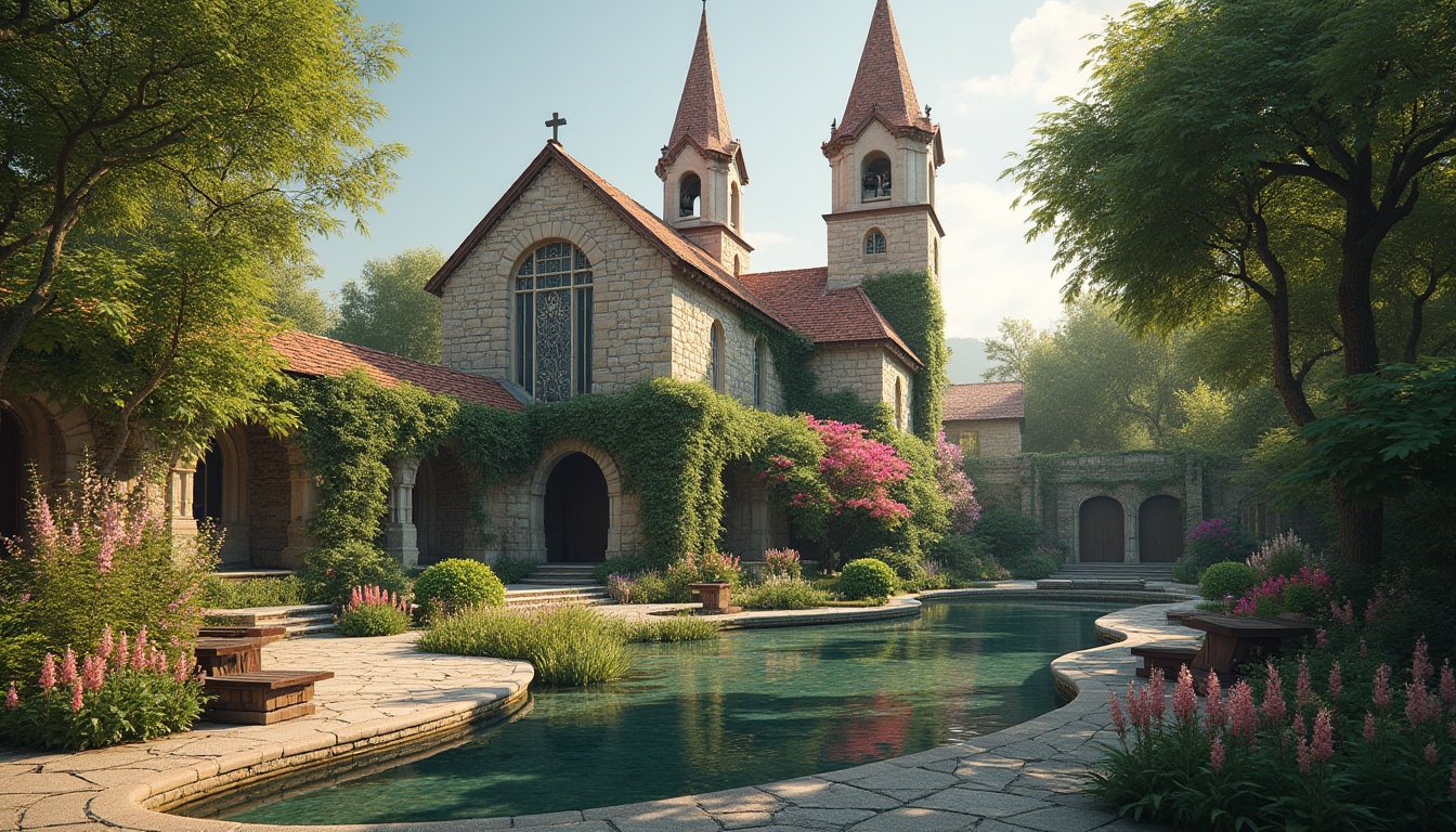 Prompt: Harmonious church architecture, rustic stone fa\u00e7ade, verdant ivy climbing walls, stained glass windows, historic bell towers, surrounding lush greenery, vibrant blooming flowers, meandering stone pathways, natural wooden benches, serene water features, reflective pools, soft warm lighting, 3/4 composition, panoramic view, realistic textures, ambient occlusion.