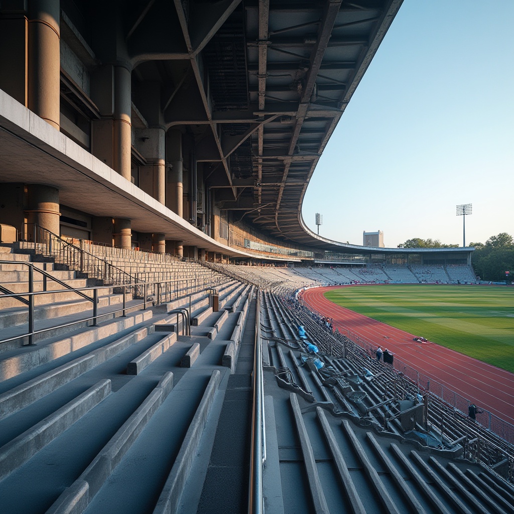 Prompt: Sleek stadium architecture, metallic fa\u00e7ade, reflective glass surfaces, angular lines, modern minimalist design, concrete structures, exposed ductwork, industrial chic aesthetics, polished steel handrails, textured concrete floors, vibrant team color schemes, dynamic LED lighting systems, panoramic views, shallow depth of field, 3/4 composition, realistic reflections, ambient occlusion, tiered seating areas, grassy athletic fields, track lanes, scoreboards, floodlighting, evening atmosphere, soft warm glow.