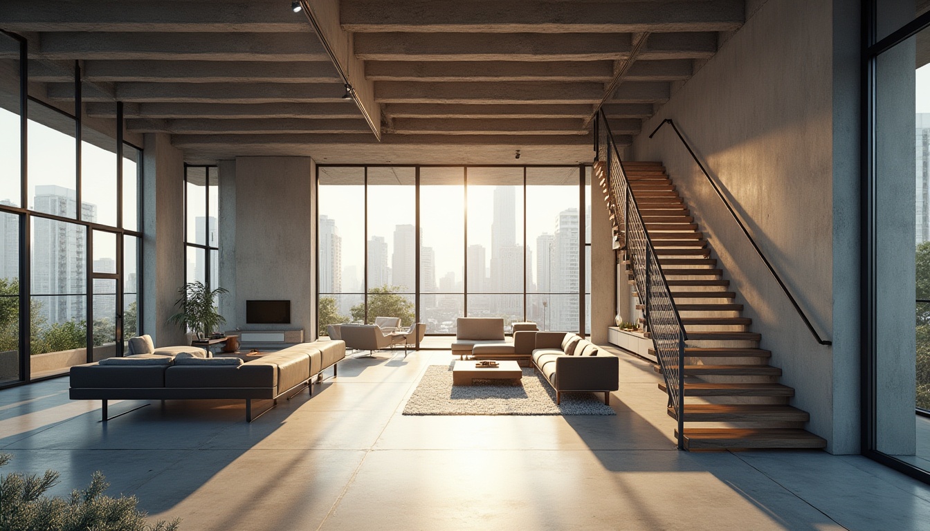 Prompt: Modern architecture, cantilevered roofs, exposed steel beams, industrial chic aesthetic, polished concrete floors, minimalist interior design, floor-to-ceiling windows, natural light pouring in, urban cityscape views, sleek metal railings, geometric staircases, open-plan living spaces, functional storage solutions, eco-friendly building materials, sustainable design principles, airy atmosphere, soft warm lighting, shallow depth of field, 3/4 composition, realistic textures, ambient occlusion.